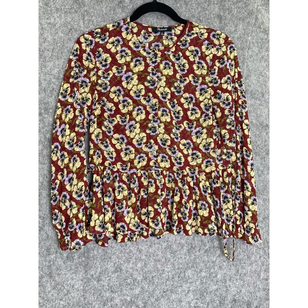 Madewell Floral‎ Violet Pansy Blouse Burgundy Long Sleeve Peplum Boho Fall XS